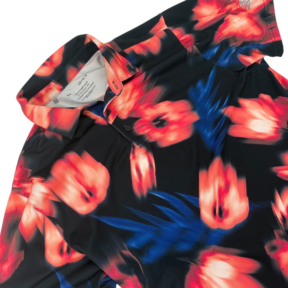 Under Armour Women's Playoff Polo Large Black Red Blue Blurred Floral Golf Shirt
